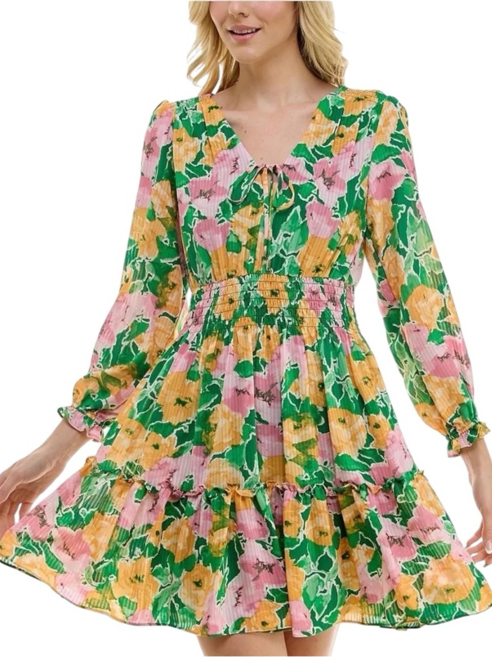 Taylor - NWT Floral Long Sleeve Smocked Mini Dress Pink Green Yellow Sz 8